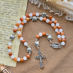 Pulsera de Cuarzo Naranja y Blanco con Caras de Gato, Rosario Animal de Acero Inoxidable
