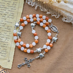 Pulsera de Cuarzo Naranja y Blanco con Caras de Gato, Rosario Animal de Acero Inoxidable