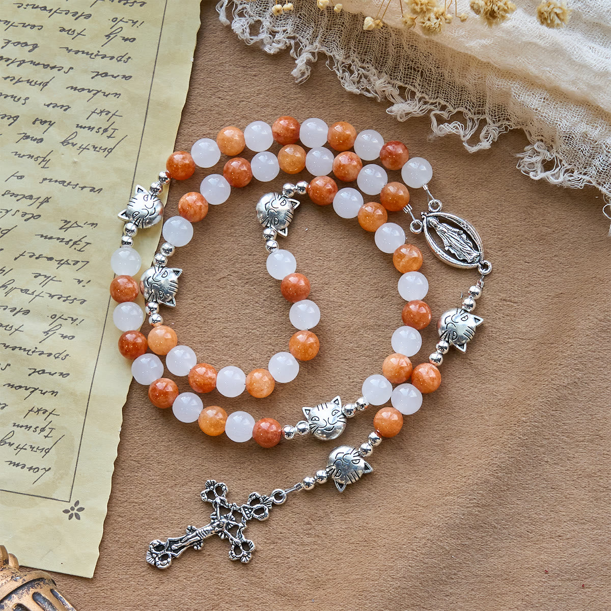 Pulsera de Cuarzo Naranja y Blanco con Caras de Gato, Rosario Animal de Acero Inoxidable