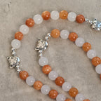 Pulsera de Cuarzo Naranja y Blanco con Caras de Gato, Rosario Animal de Acero Inoxidable