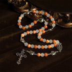 Pulsera de Cuarzo Naranja y Blanco con Caras de Gato, Rosario Animal de Acero Inoxidable