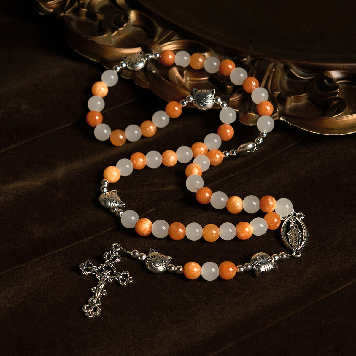 Pulsera de Cuarzo Naranja y Blanco con Caras de Gato, Rosario Animal de Acero Inoxidable