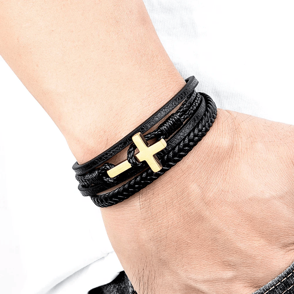 Pulsera de Moda de Acero Inoxidable en Tres Colores y Cuero Trenzado