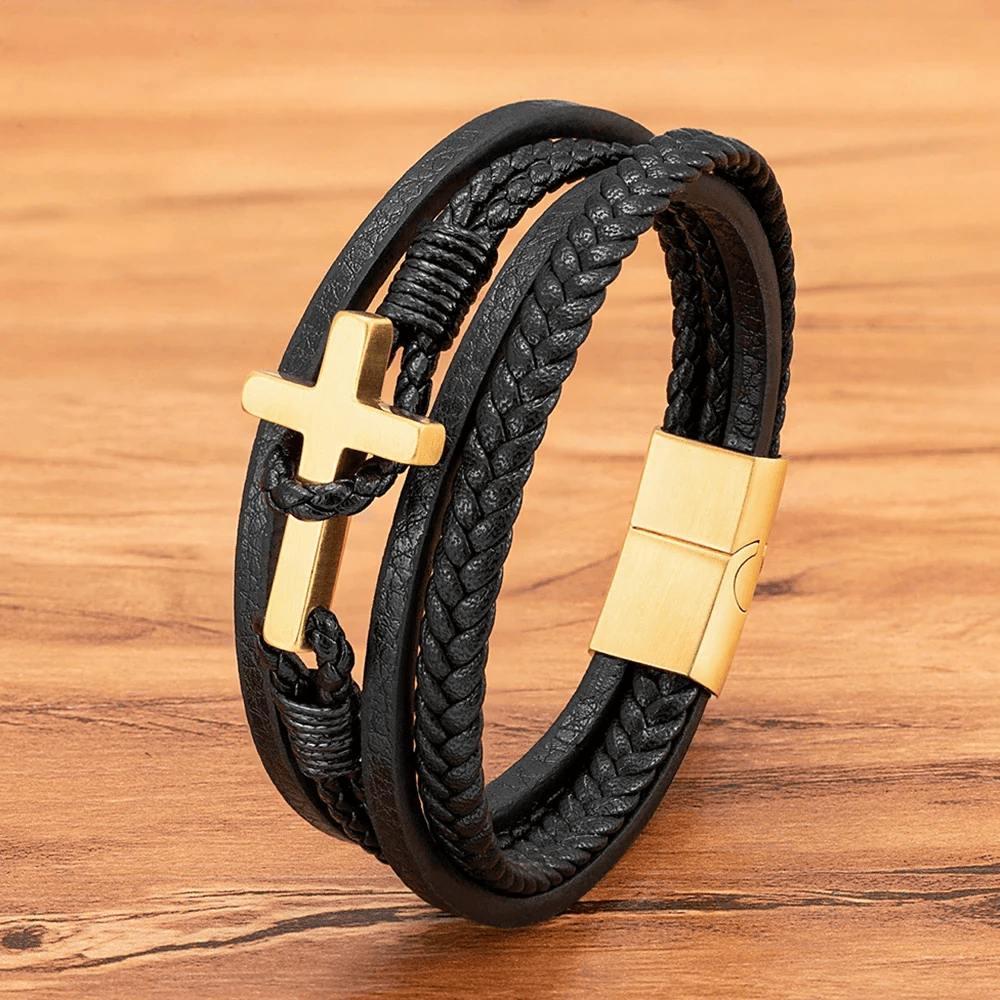 Pulsera de Moda de Acero Inoxidable en Tres Colores y Cuero Trenzado