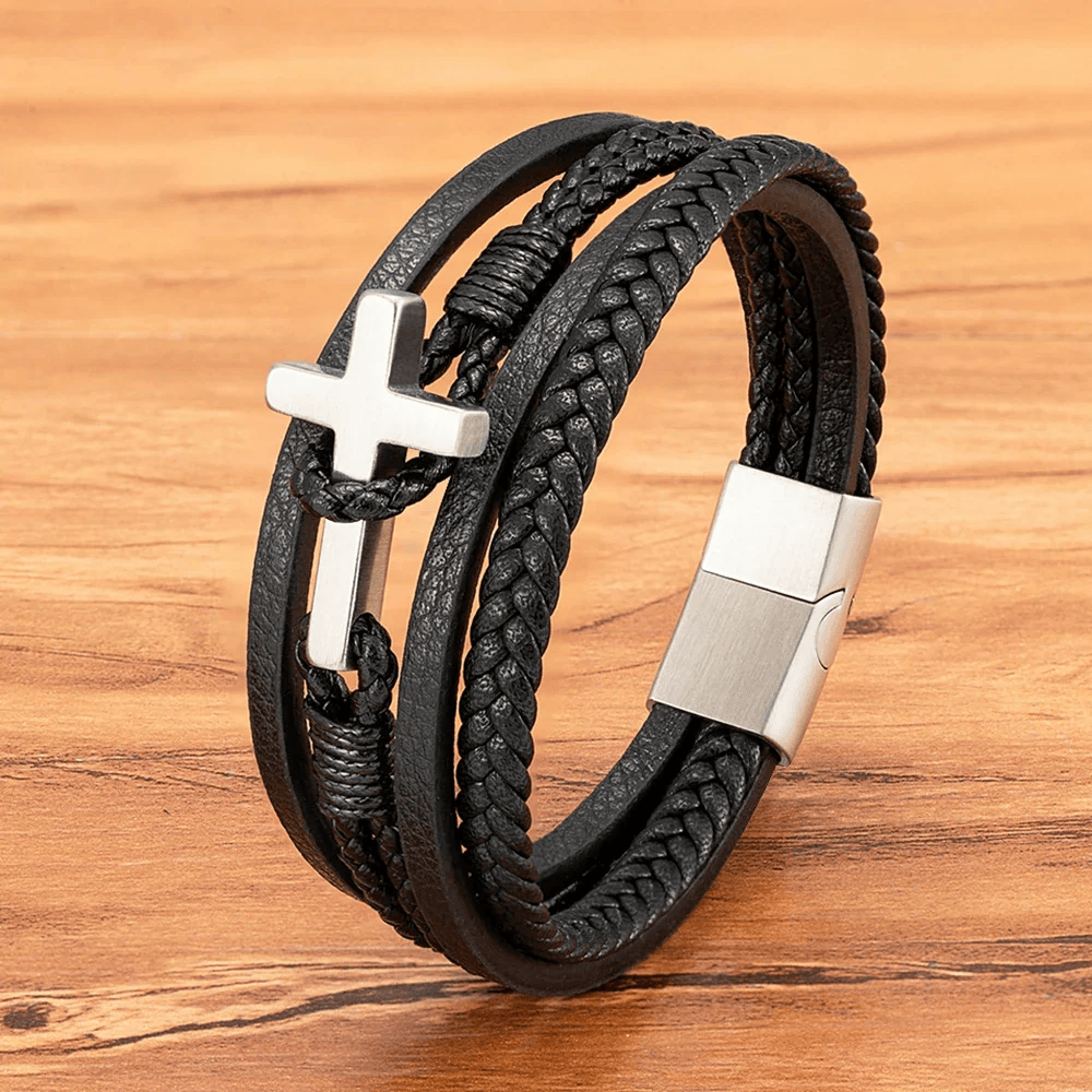 Pulsera de Moda de Acero Inoxidable en Tres Colores y Cuero Trenzado