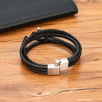 Pulsera de Moda de Acero Inoxidable en Tres Colores y Cuero Trenzado
