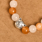 Pulsera de Cuarzo Naranja y Blanco con Caras de Gato, Rosario Animal de Acero Inoxidable