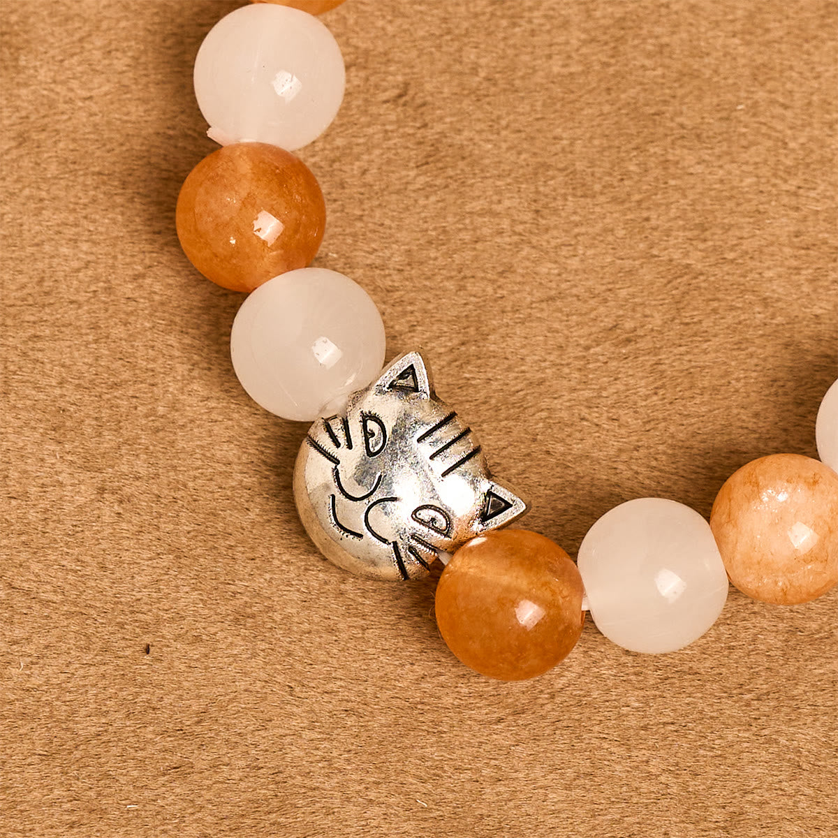 Pulsera de Cuarzo Naranja y Blanco con Caras de Gato, Rosario Animal de Acero Inoxidable