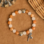 Pulsera de Cuarzo Naranja y Blanco con Caras de Gato, Rosario Animal de Acero Inoxidable