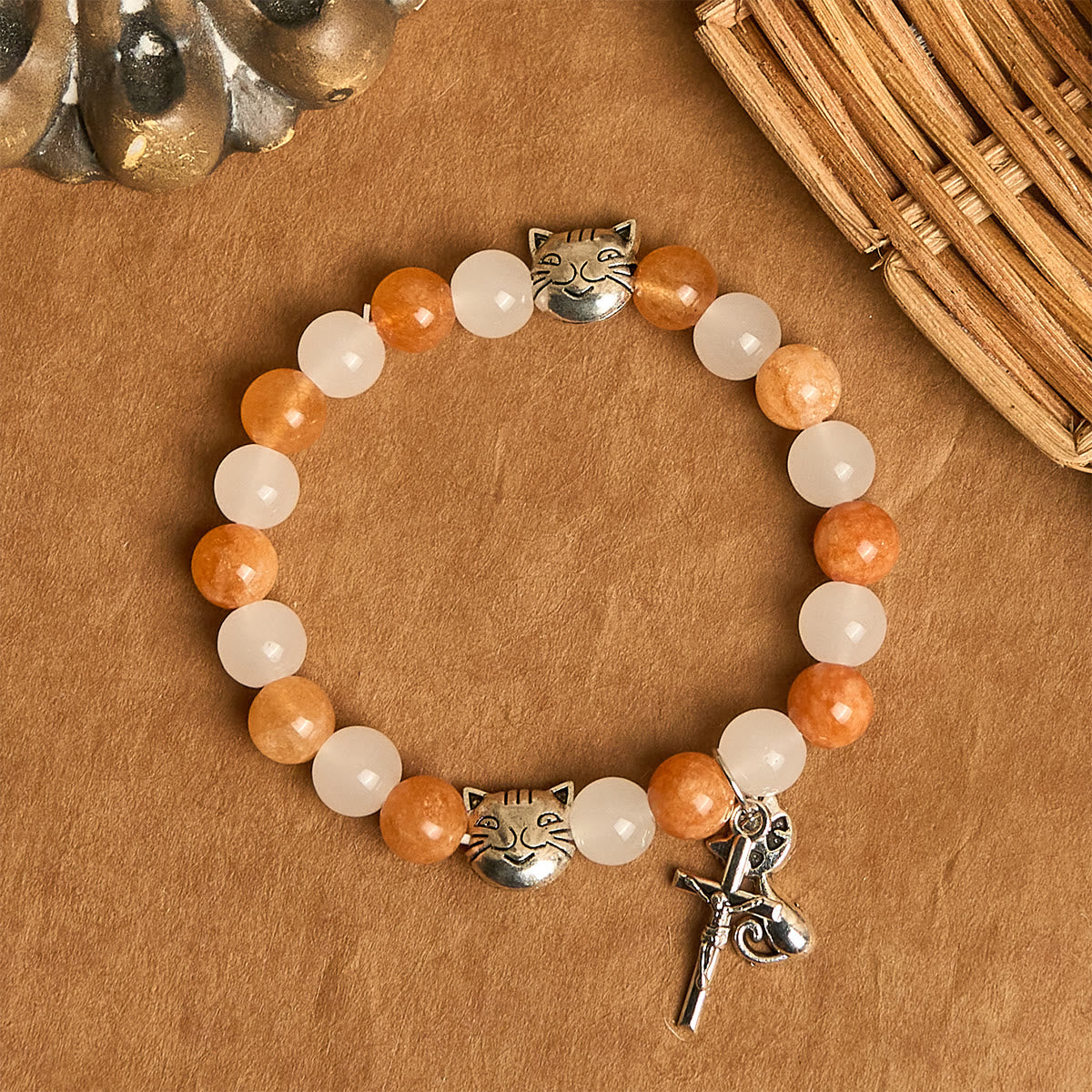 Pulsera de Cuarzo Naranja y Blanco con Caras de Gato, Rosario Animal de Acero Inoxidable
