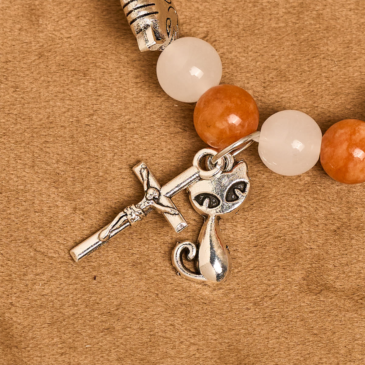 Pulsera de Cuarzo Naranja y Blanco con Caras de Gato, Rosario Animal de Acero Inoxidable