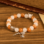 Pulsera de Cuarzo Naranja y Blanco con Caras de Gato, Rosario Animal de Acero Inoxidable