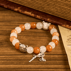 Pulsera de Cuarzo Naranja y Blanco con Caras de Gato, Rosario Animal de Acero Inoxidable