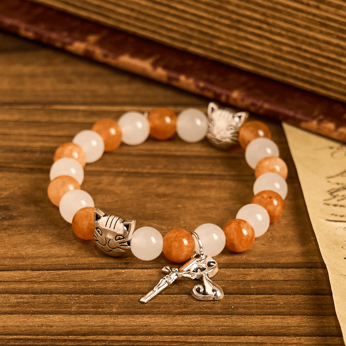Pulsera de Cuarzo Naranja y Blanco con Caras de Gato, Rosario Animal de Acero Inoxidable