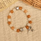 Pulsera de Cuarzo Naranja y Blanco con Caras de Gato, Rosario Animal de Acero Inoxidable
