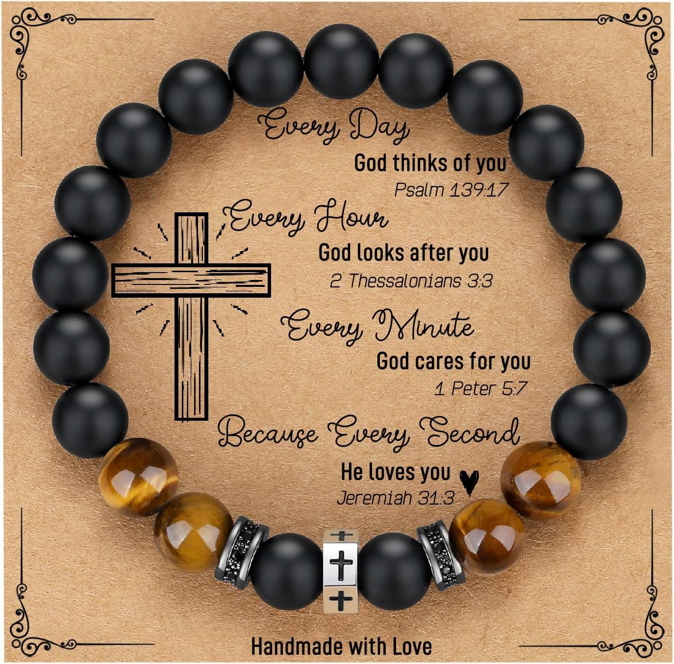 Pulsera Cruz con Ojo de Tigre, Ónix Negro y CZ - Acero Inoxidable Acentuado