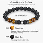 Pulsera Cruz con Ojo de Tigre, Ónix Negro y CZ - Acero Inoxidable Acentuado