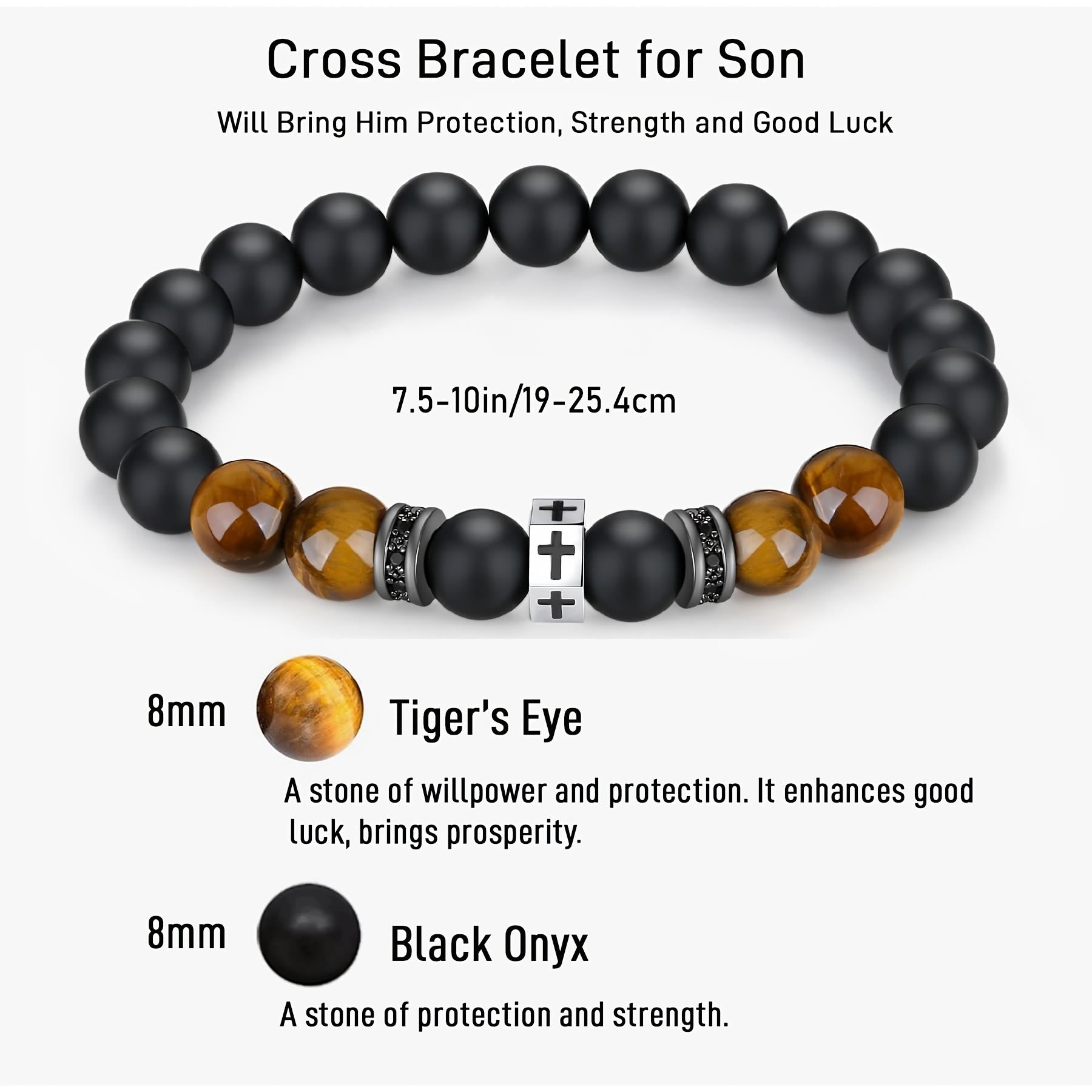 Pulsera Cruz con Ojo de Tigre, Ónix Negro y CZ - Acero Inoxidable Acentuado