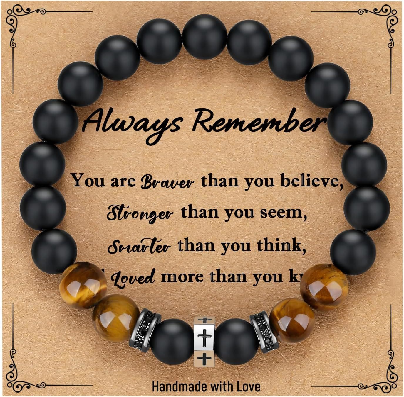 Pulsera Cruz con Ojo de Tigre, Ónix Negro y CZ - Acero Inoxidable Acentuado