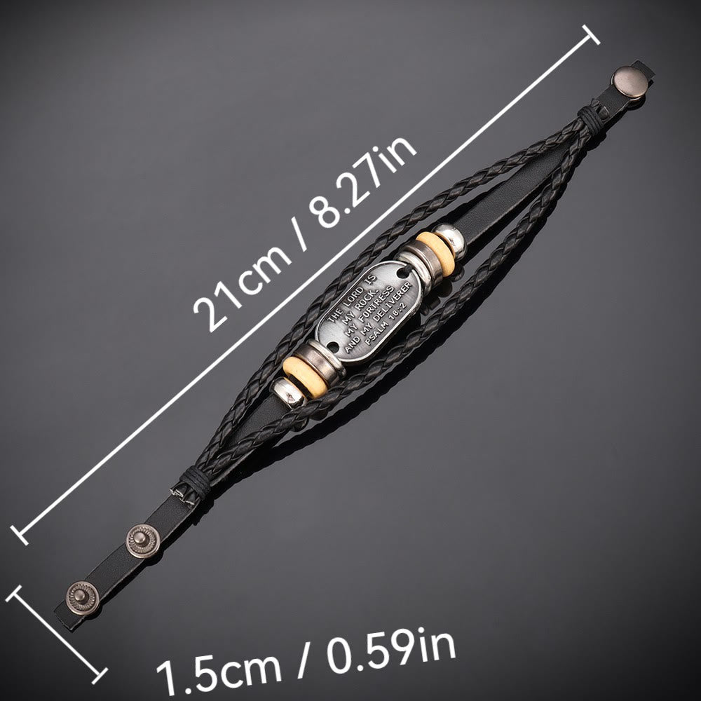 Pulsera de Cuero Trenzado Hecha a Mano con Inscripción del Salmo 18:2