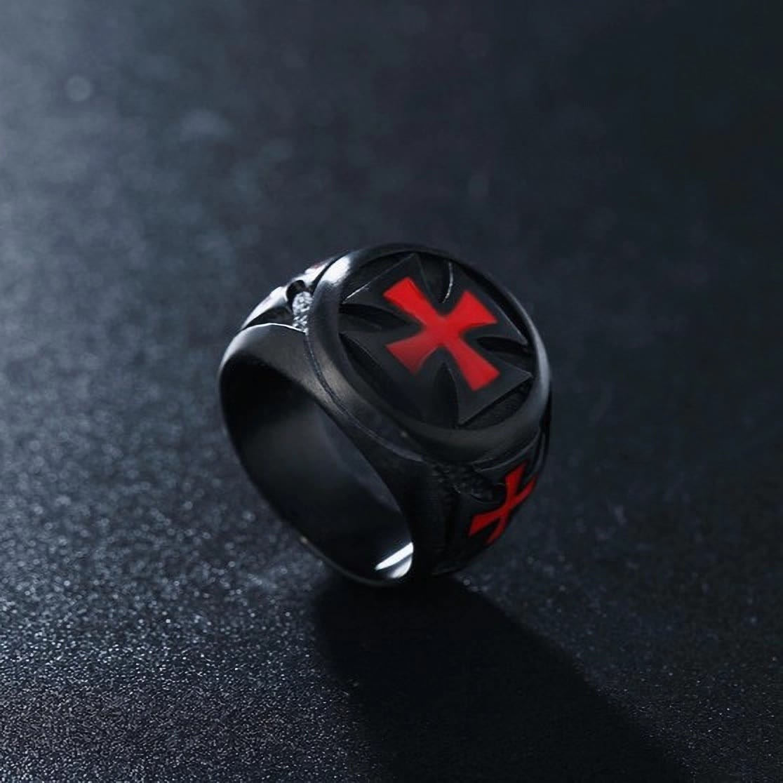 Anillo de Sello Templario de Fe Negro y Carmesí