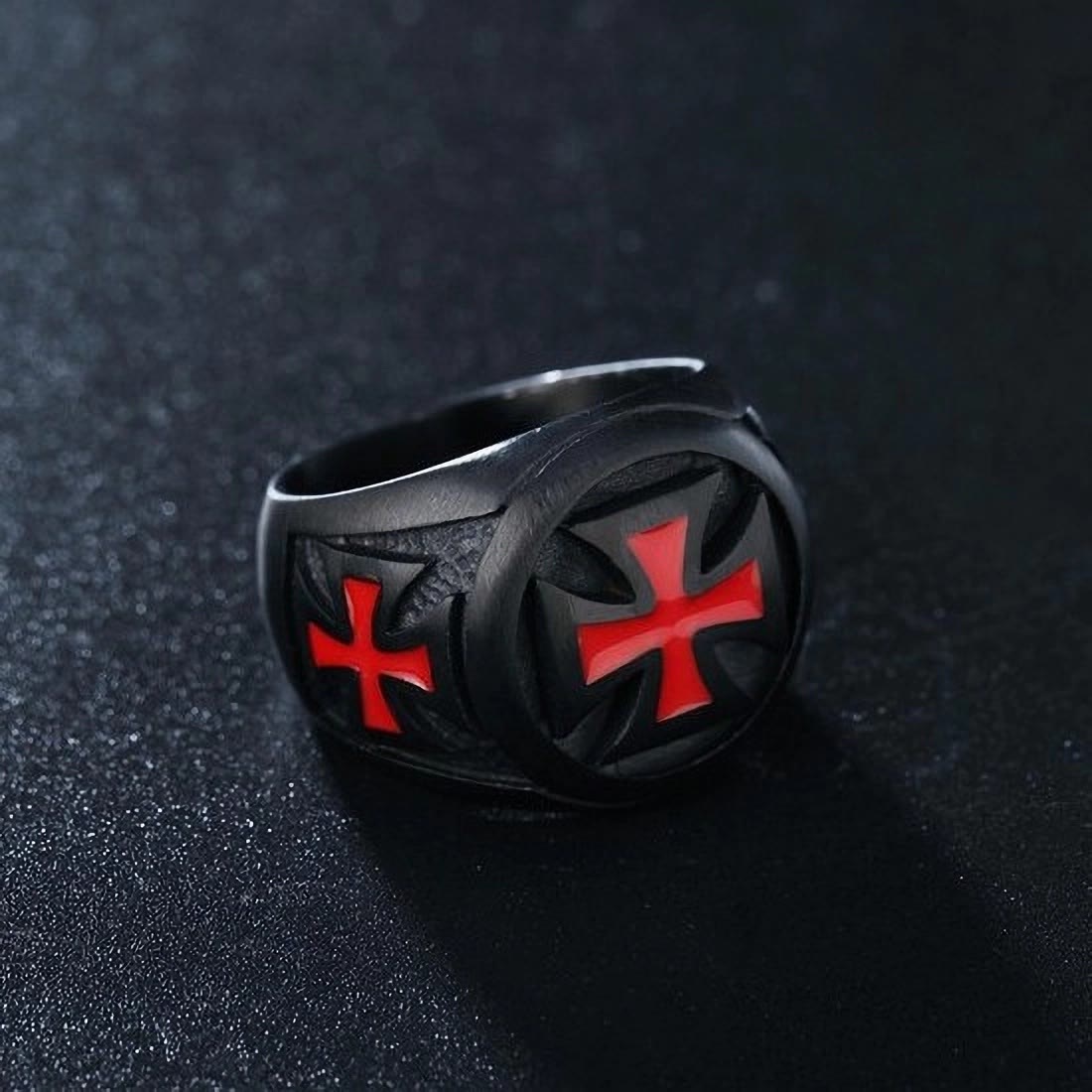 Anillo de Sello Templario de Fe Negro y Carmesí