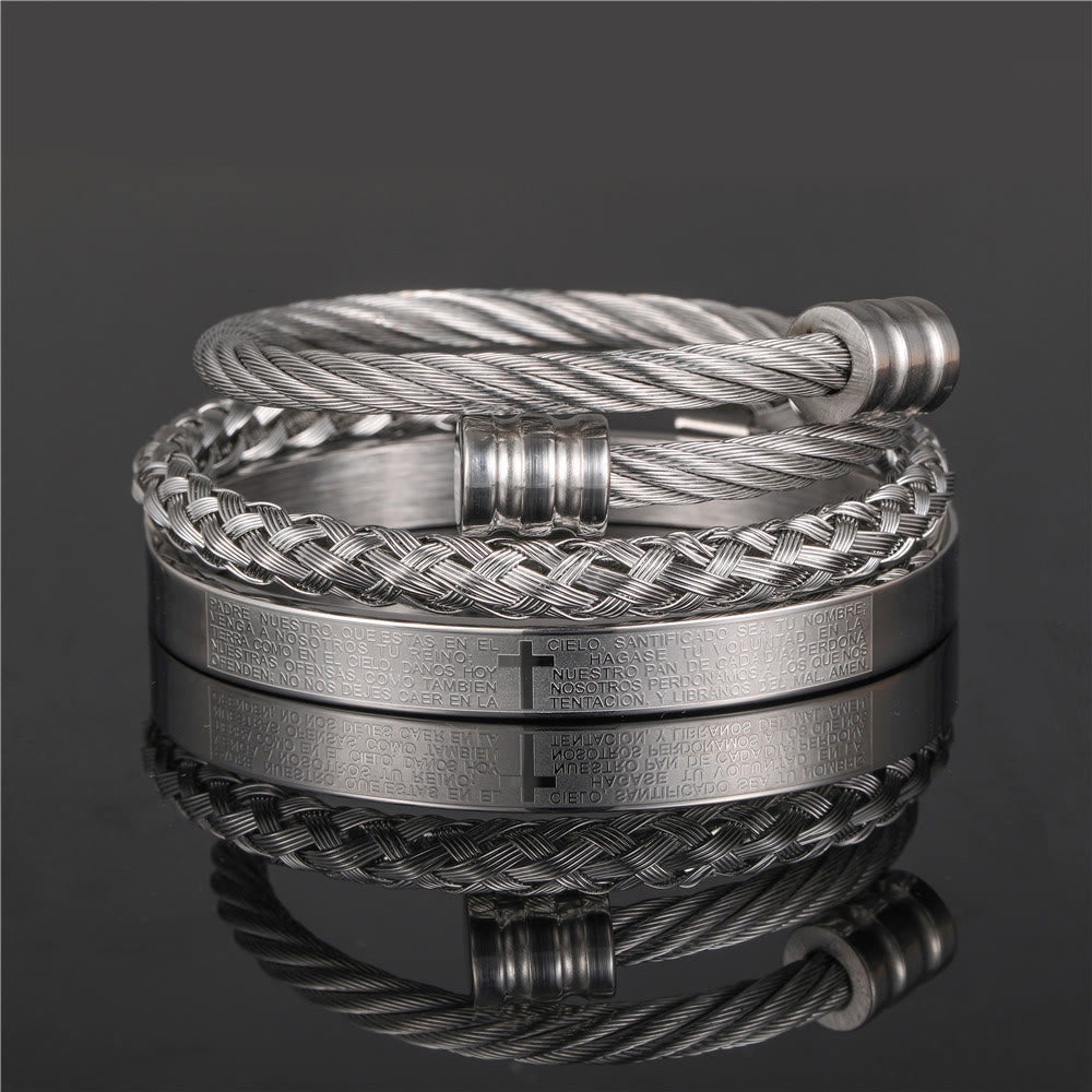 Pulsera Espiral Trenzada de Estilo Minimalista en Capas con Cruz y Oración del Señor
