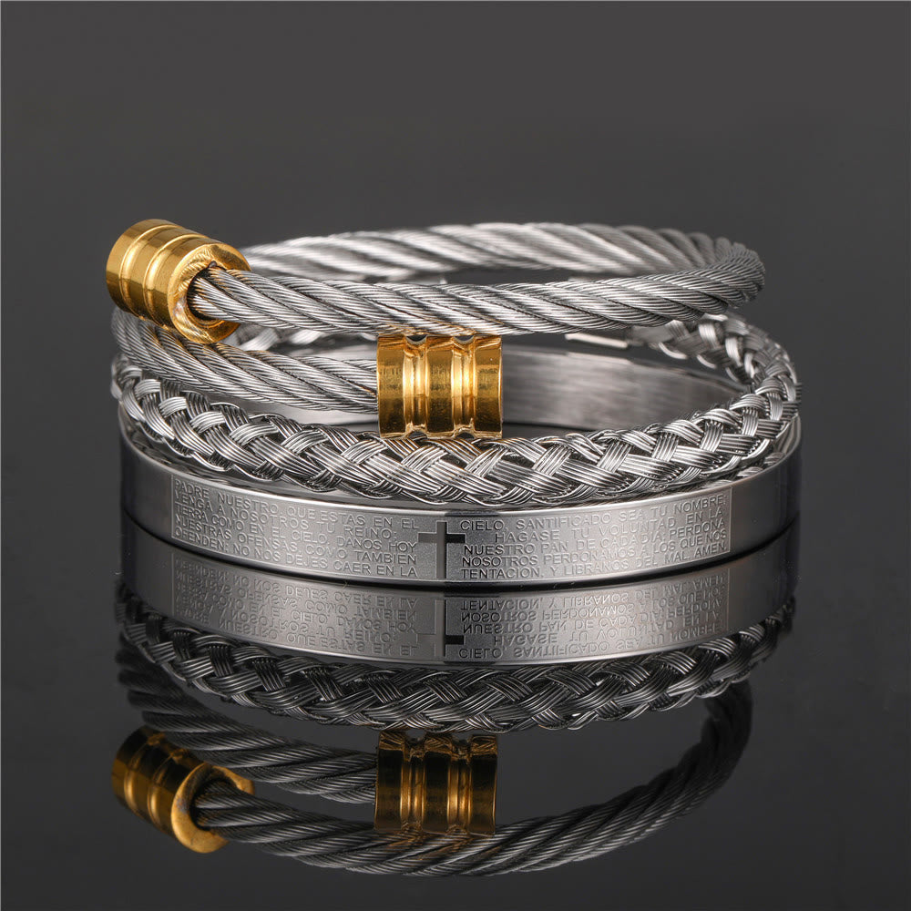 Pulsera Espiral Trenzada de Estilo Minimalista en Capas con Cruz y Oración del Señor
