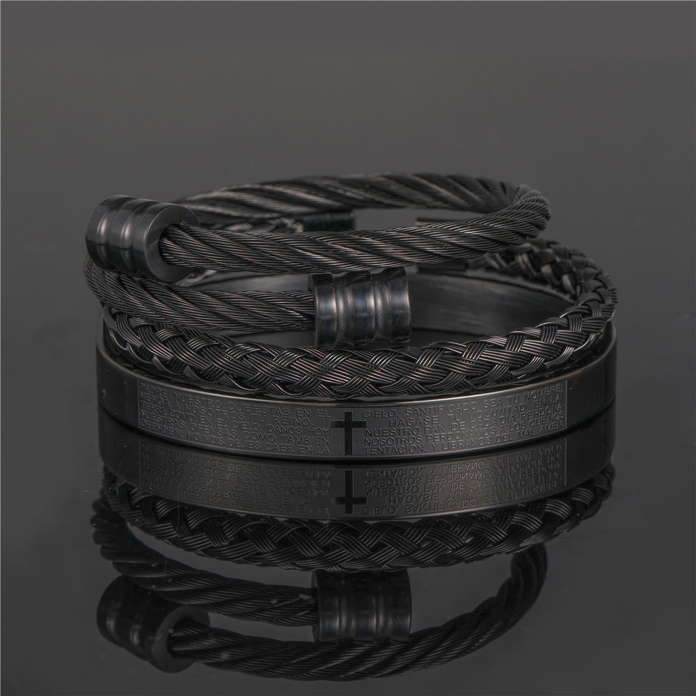 Pulsera Espiral Trenzada de Estilo Minimalista en Capas con Cruz y Oración del Señor