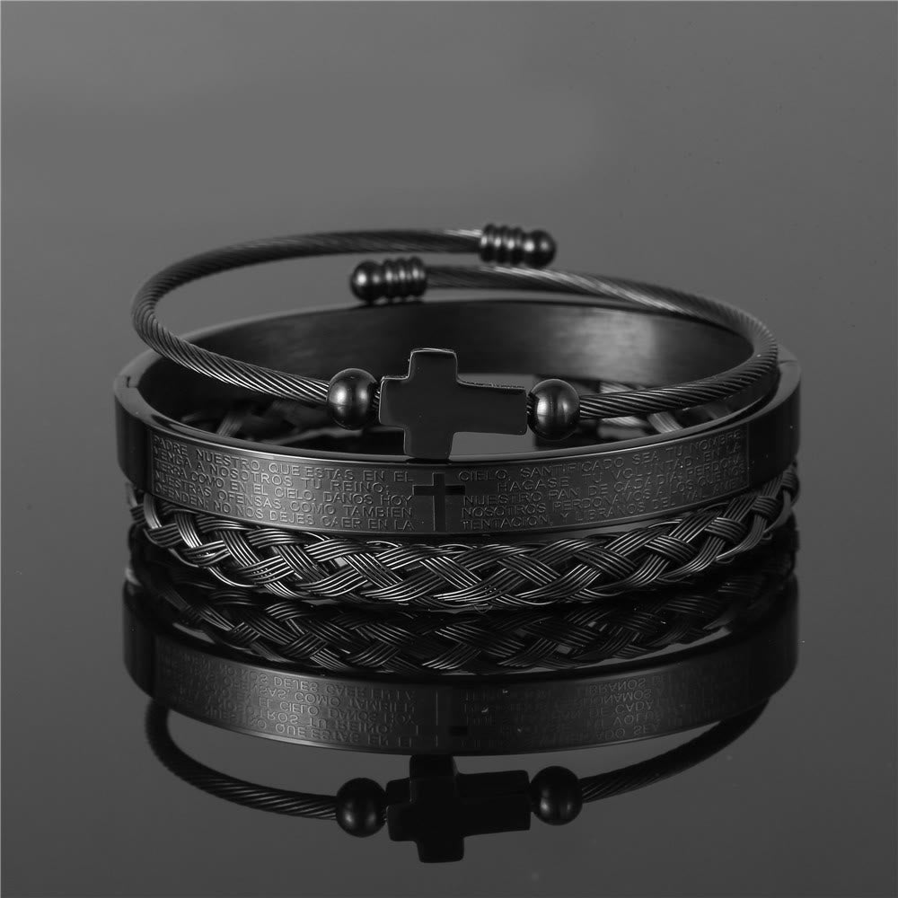 Pulsera Espiral Trenzada de Estilo Minimalista en Capas con Cruz y Oración del Señor