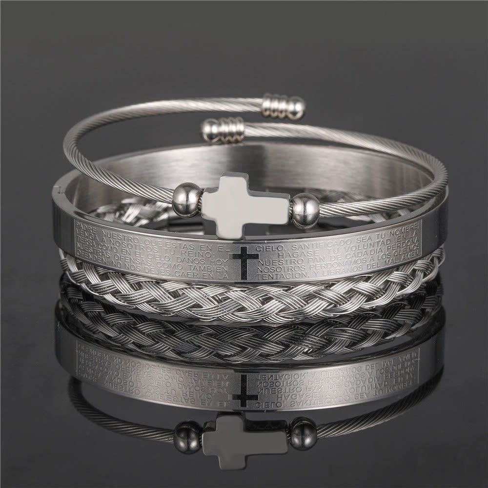 Pulsera Espiral Trenzada de Estilo Minimalista en Capas con Cruz y Oración del Señor