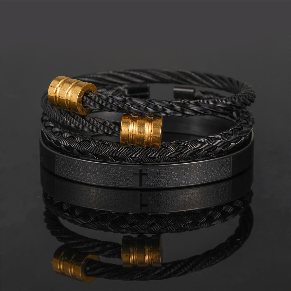 Pulsera Espiral Trenzada de Estilo Minimalista en Capas con Cruz y Oración del Señor