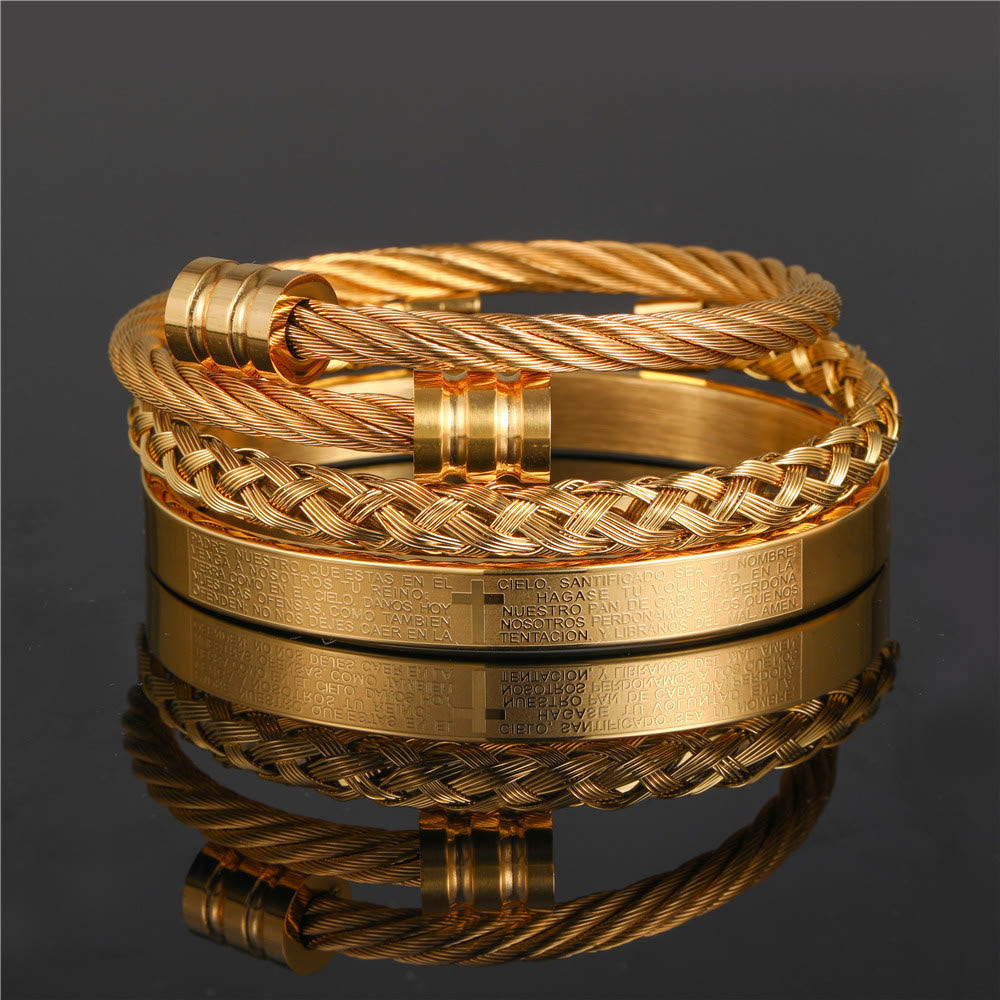 Pulsera Espiral Trenzada de Estilo Minimalista en Capas con Cruz y Oración del Señor