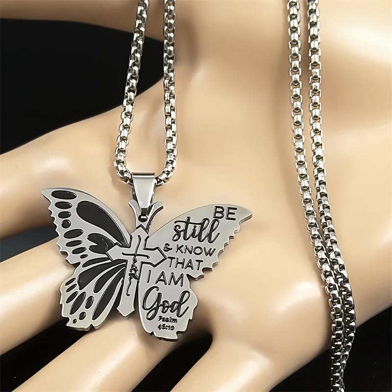 Collar de Mariposa y Cruz Salmo 46:10: Herencia de Fe Bíblica para la Vida Diaria