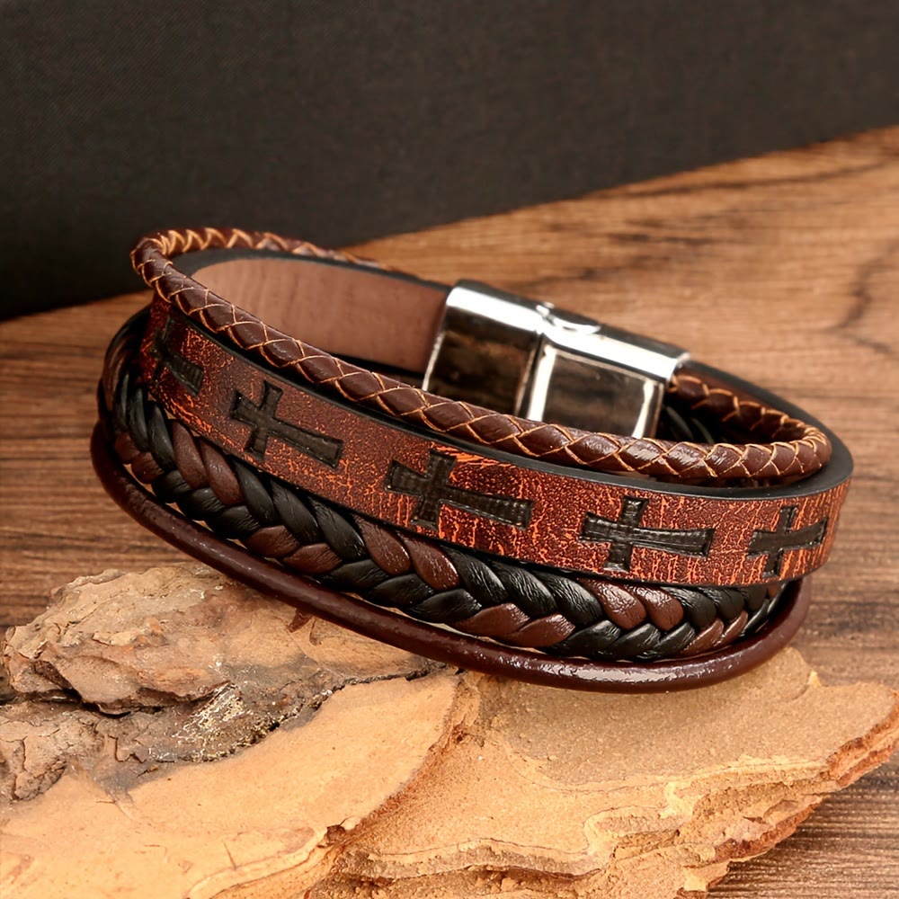 Pulsera de Cuero Trenzado con Cruz: Declaración de Fe Robusta para la Devoción Diaria