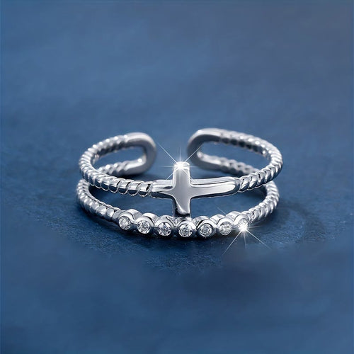 Anillo Cruz de Doble Banda: Brillo de Circonita y Devoción de Fe para Uso Diario