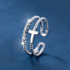 Anillo Cruz de Doble Banda: Brillo de Circonita y Devoción de Fe para Uso Diario
