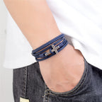 Pulsera de Moda de Acero Inoxidable en Tres Colores y Cuero Trenzado