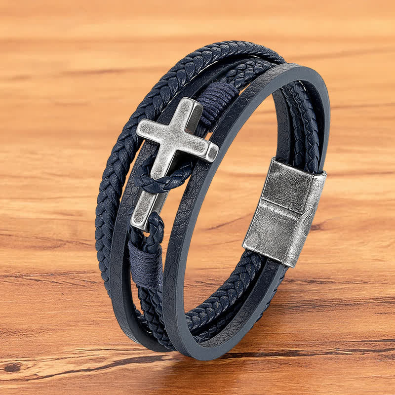 Pulsera de Moda de Acero Inoxidable en Tres Colores y Cuero Trenzado