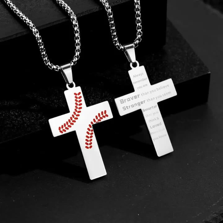 Collar Cruz con Costura de Béisbol: Devoción Atlética y Cita Inspiradora