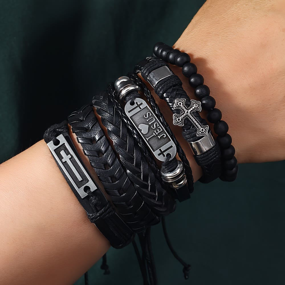 Juego de Pulseras de Cuero Impulsadas por la Fe de 6: Devoción y Expresión Estilosa