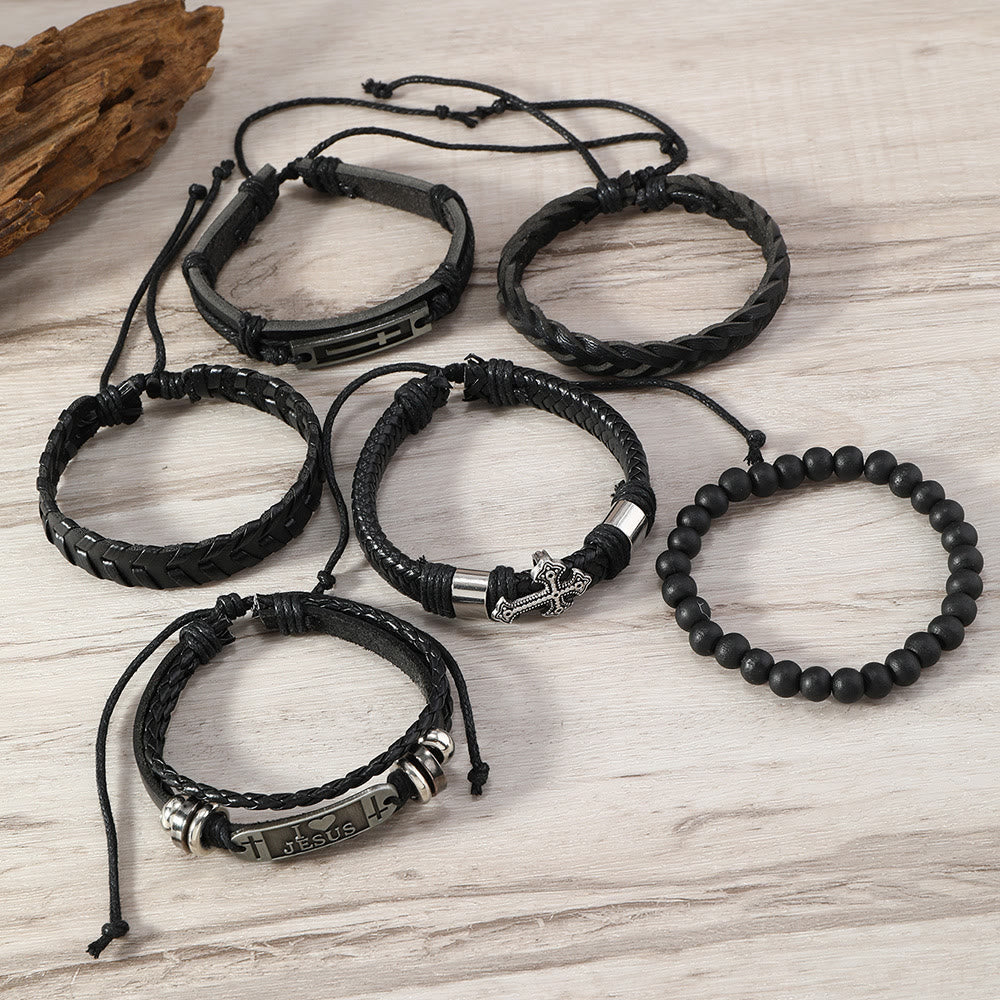 Juego de Pulseras de Cuero Impulsadas por la Fe de 6: Devoción y Expresión Estilosa