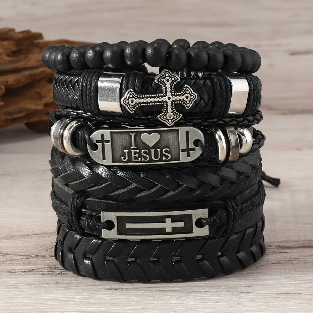 Juego de Pulseras de Cuero Impulsadas por la Fe de 6: Devoción y Expresión Estilosa