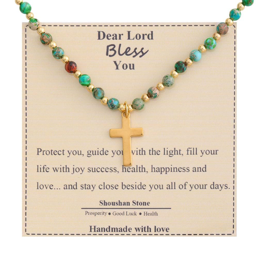 Collar de Cruz de Piedra Bendita: Encanto de Gemas Naturales y Acento de Devoción Silenciosa