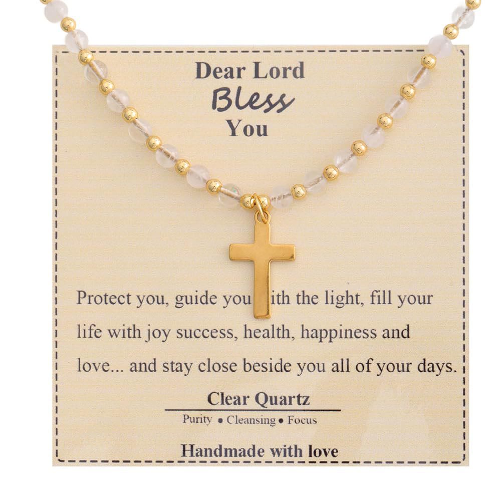 Collar de Cruz de Piedra Bendita: Encanto de Gemas Naturales y Acento de Devoción Silenciosa