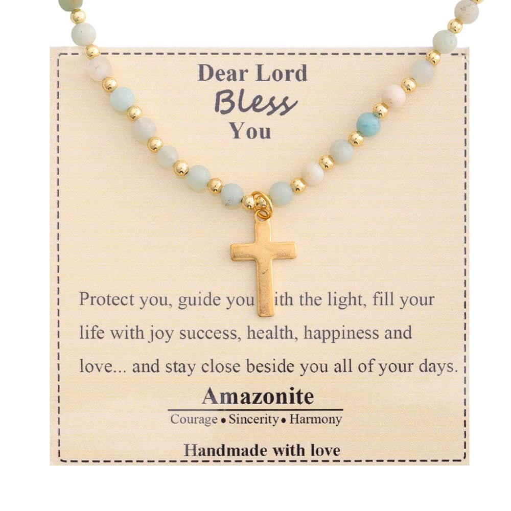 Collar de Cruz de Piedra Bendita: Encanto de Gemas Naturales y Acento de Devoción Silenciosa