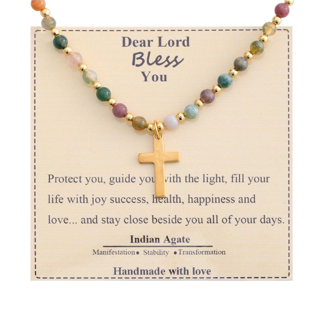Collar de Cruz de Piedra Bendita: Encanto de Gemas Naturales y Acento de Devoción Silenciosa