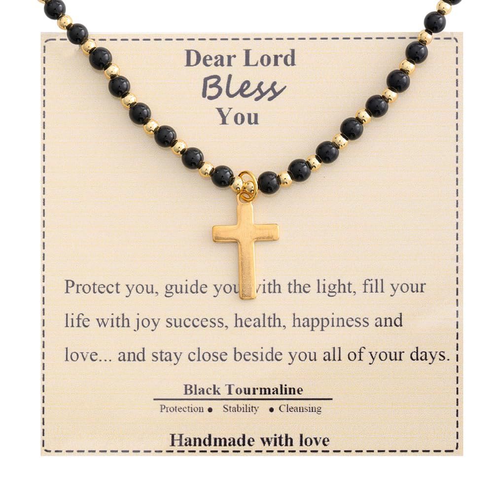 Collar de Cruz de Piedra Bendita: Encanto de Gemas Naturales y Acento de Devoción Silenciosa