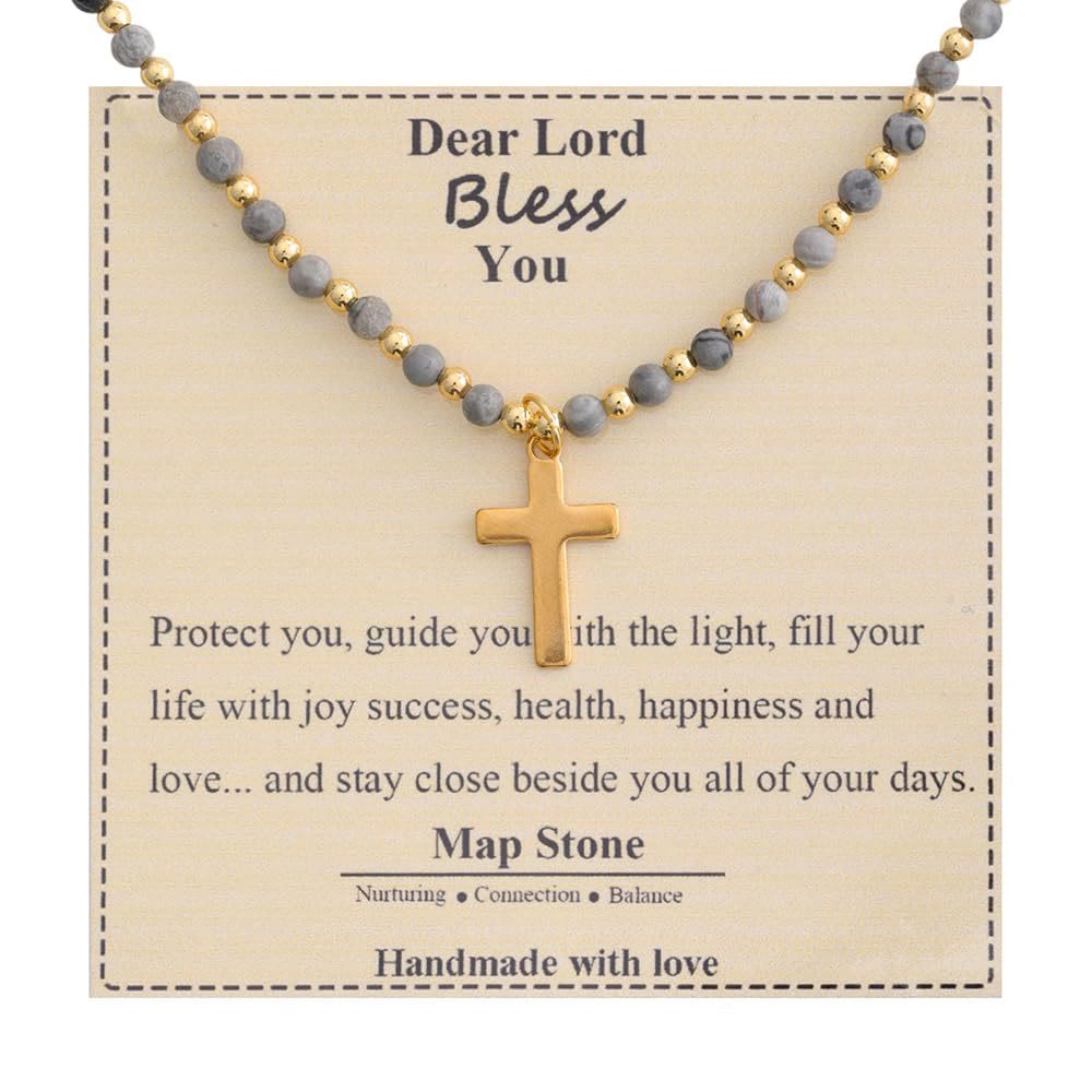 Collar de Cruz de Piedra Bendita: Encanto de Gemas Naturales y Acento de Devoción Silenciosa