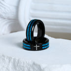 Anillo de Cruz de Acero de Titanio Moderno con Incrustación Azul Láser: Serenidad en la Luz Azul de Cristo
